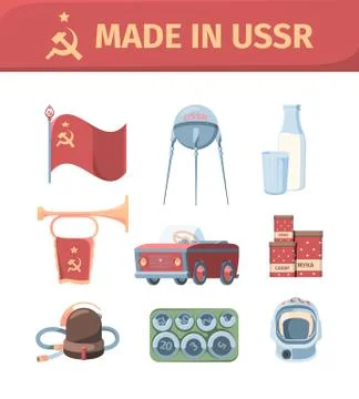 Items made in ussr set. Sputnik glass bottle with kefir national flag hammer Illustrazione stock