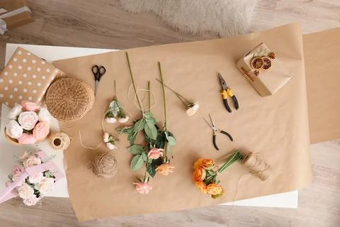 Items for making handmade soap flowers on the table top view Foto stock