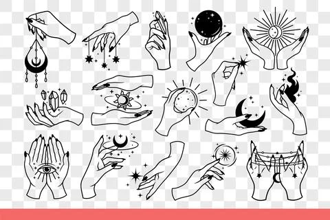 Items for occult rituals in hands of witches, who use esoteric practices. Hand Stock Illustration