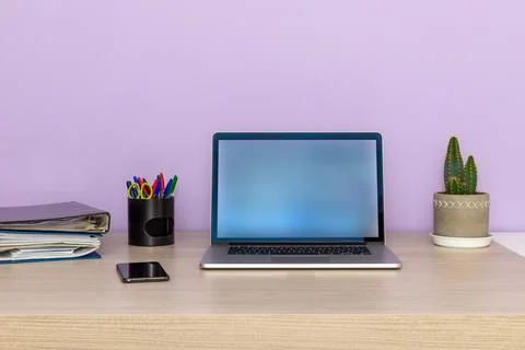 Items on the office table. workplace concept in business office. Stock Photos