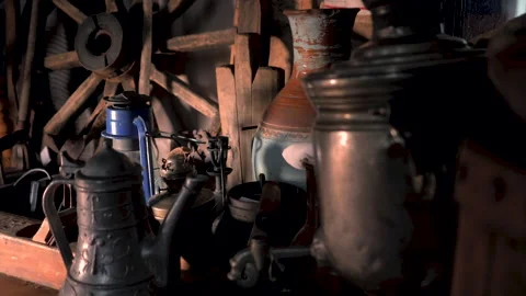 Items of old Russian life are in the old house Stock Footage 132773732