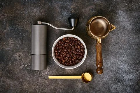 Items for preparing Turkish coffee, flat lay, top view, close-up Stock Photos