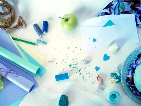 Items for sewing and decorating a gift Stock Photos