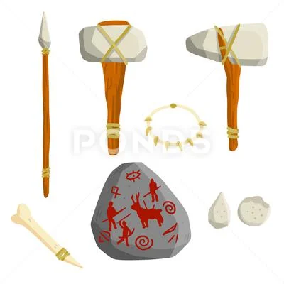 Set Of Items Of Primitive Man And Hunter. Weapons Of Caveman