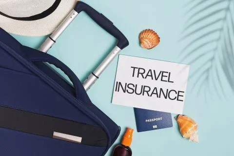 Items for summer vacationl flat lay. Travel insurrance. Stock Photos