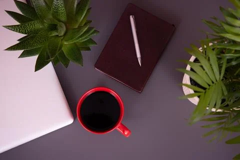 Items on the table. Studying and working with a laptop and a notebook. Foto stock