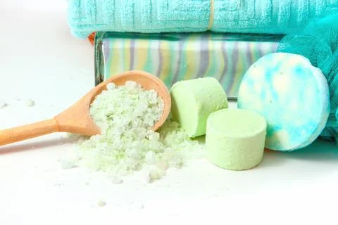 Items for taking a relaxing bath with salt. Stock Photos