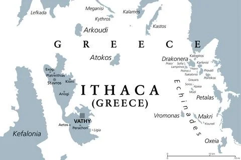 Ithaca, an island and regional unit in Greece, gray political map Stock Illustration