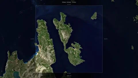 Ithaca Island, Greece, highlighted and labelled. Satellite, April 7, 2024 Stock Illustration