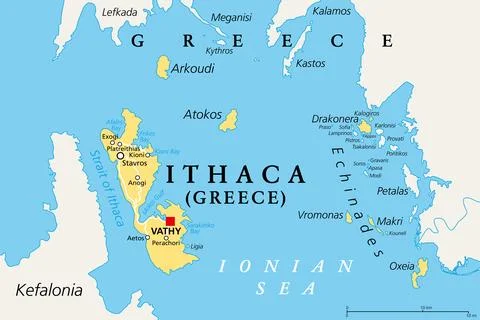 Ithaca, regional unit, part of the Greek Ionian Islands, political map Stock Illustration