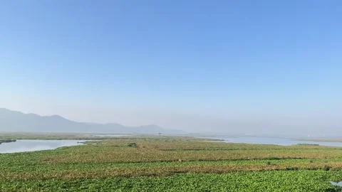 IThe train is passing by a large lake Stock Footage 323354575