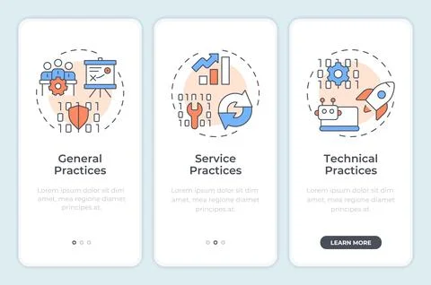 ITIL management practices onboarding mobile app screen Illustrazione stock