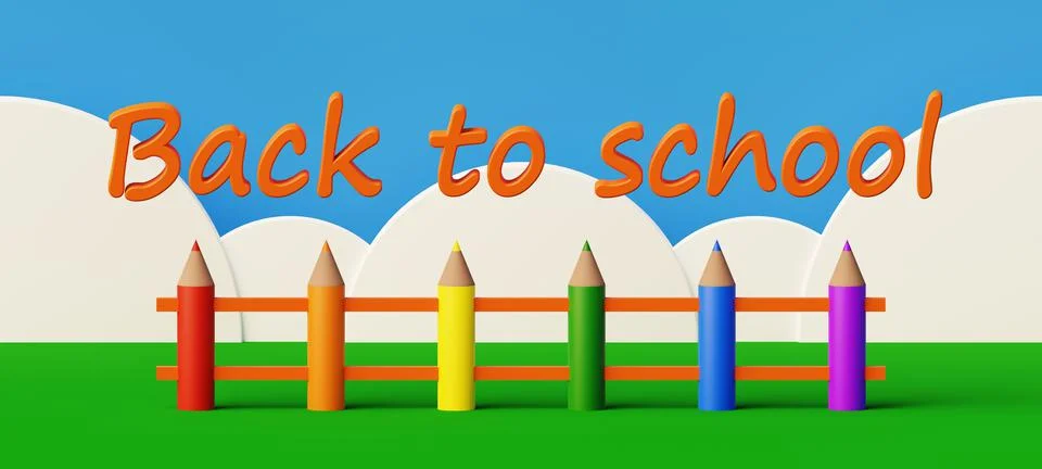 It's back to school in the meadow with clouds in the blue sky and a crayon fe Stock Illustration