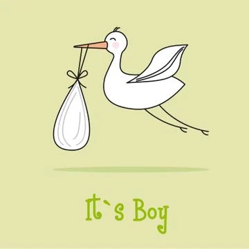 It´s a boy card with stork over green background. vector Stock Illustration