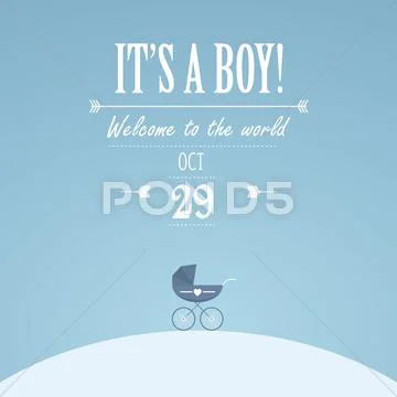 It's a boy invitation for baby shower. Vintage classic look with retro stroller Stock Illustrationen