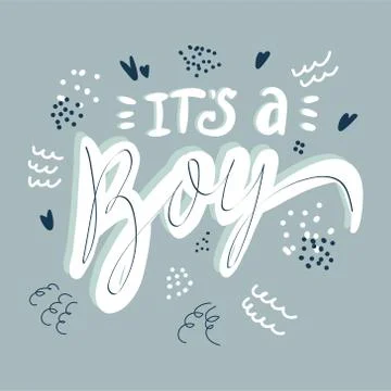 Its a boy lettering hand drawn illustration. White calligraphy on blue backgr Stock Illustration