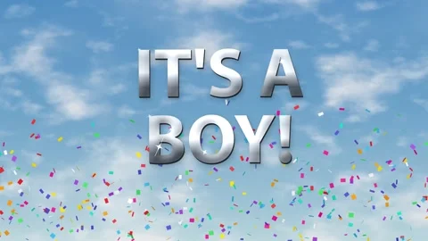 It's a Boy Text Animation with Falling Confetti Over Cloudy Sky Stock Footage 341378362