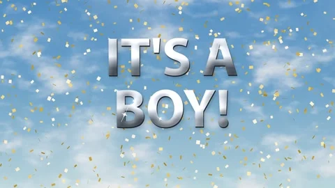 It's a Boy Text Animation with Gold Confetti and Cloudy Sky Stock Footage 341558707