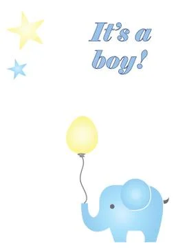 Its a boy vector card with blue elephant holding a balloon Stock Illustration