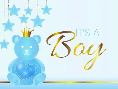It's a Boy Vector Illustration with Blue Bear, Crown and Stars and Gold Eleme 스톡 일러스트