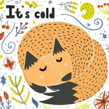 Its cold card with a cute sleeping fox. Childish winter background Illustrazione stock