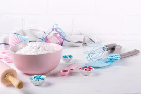 It's cooking time. Baking tools on white. Recipe book background concept. Stock Photos