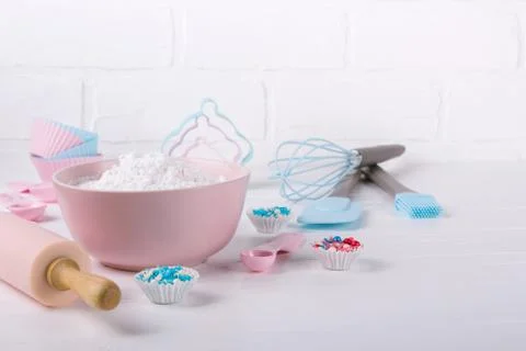 It's cooking time. Baking tools on white. Recipe book background concept. Stock Photos