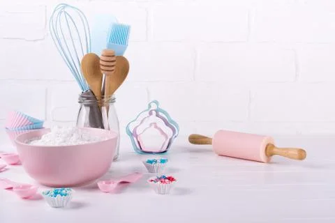 It's cooking time. Baking tools on white. Recipe book background concept. Stock Photos