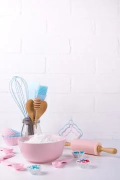 It's cooking time. Baking tools on white. Recipe book background concept. Stock Photos