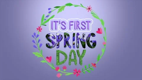 It's first spring day animation with floral wreath and grass texture typography Stock Footage 327048421