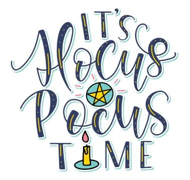Its Hocus Pocus Time multicolored lettering with candle and magic circle. Stock Illustration