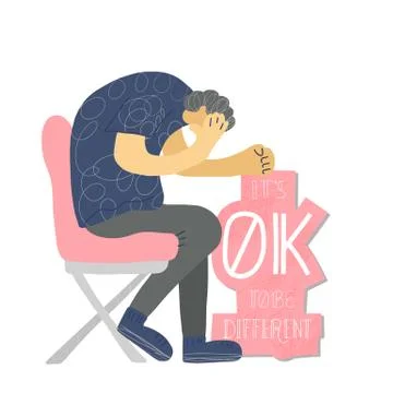 Its ok to be different. Mental disoder. Boy sitting on the chair with hand dr Stock Illustration