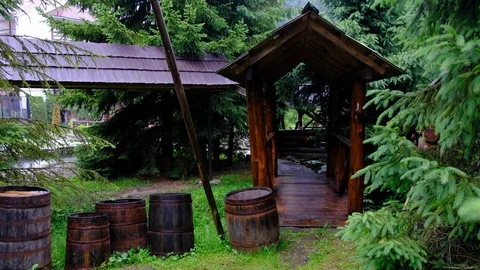 It's raining against the background of the old barrels in the woods Stock Footage 102654084