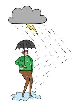 It's raining and the man gets wet even though he opens an umbrella. Stock Illustration