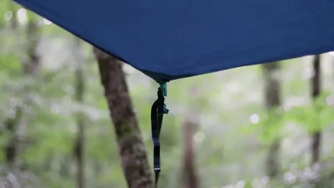 It's raining in the forest. Drops roll off the blue awning and fall 動画素材 159476962