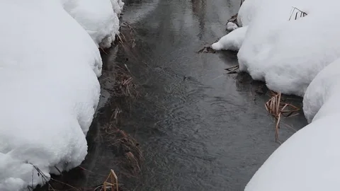 It's snowing. The stream is running. Winter Stock Footage 82782011