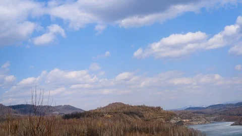 It's spring. Blossoming buds and leaves on the background of a mountain lake in  Stock Footage 111144921