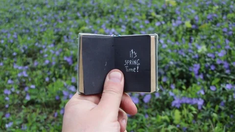 Its Spring time - Creative idea. Book with text and spring field with blue 스톡 동영상 74922814