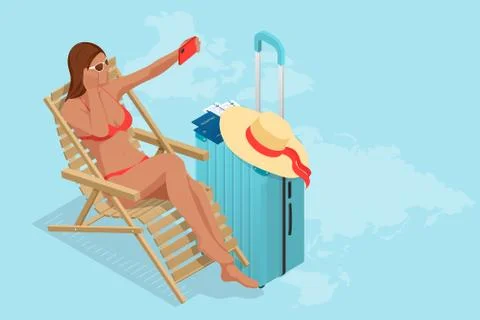 It's Summer time banner. Summer Luxury vacation. Isometric beautiful girl in a Stock Illustration