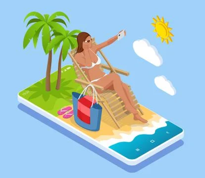 It's Summer time banner. Summer Luxury vacation. Isometric beautiful girl in a Stock Illustration