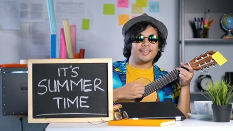 It's Summer Time Concept, Playing Guitar While Working Video stock 91491555