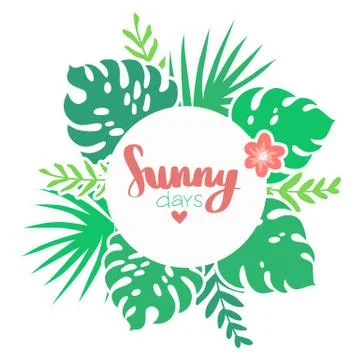 It's summer time. Vector frame with tropical leaves, flowers and lettering. Stock Illustration