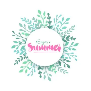 It's summer time. Vector frame with tropical leaves, flowers and lettering. Stock Illustration