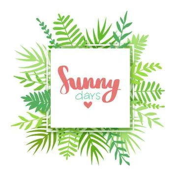 It's summer time. Vector frame with tropical leaves, flowers and lettering. Stock Illustration