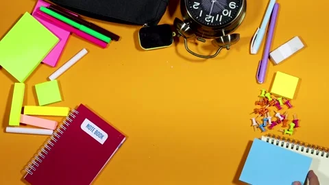 It's time to Back to school concept - alarm clock, pencils and notebooks and sti Stock Footage 284741815