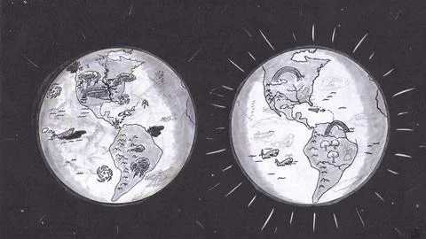 Its Your Choice! Polluted or Clean Earth Comparison Grayscale Drawing Stock Illustration