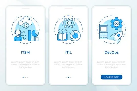 ITSM methodologies blue onboarding mobile app screen Illustrazione stock