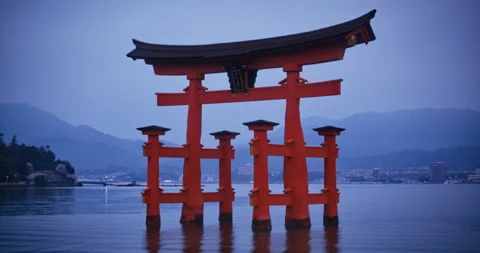 Itsukushima Torii Gate Front View High Tide Blue Hour Overcast Medium Stock-Footage 344695764