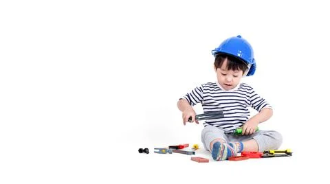 Ittle boy playing act engineer, education concept. Stock Photos