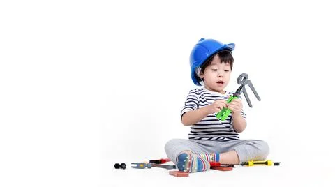 Ittle boy playing act engineer, education concept. Stock Photos
